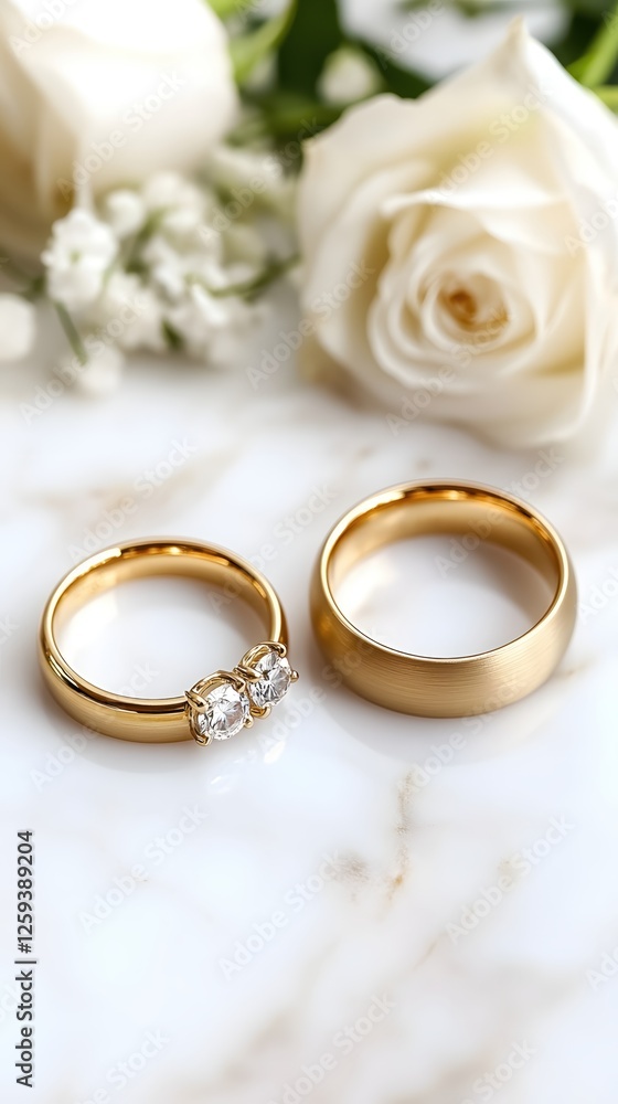 Elegant Gold Wedding Rings with Diamonds and White Rose on Marble Surface for Celebration Elegant Gold Wedding Rings with Diamonds and White Rose on Marble Surface for Celebration