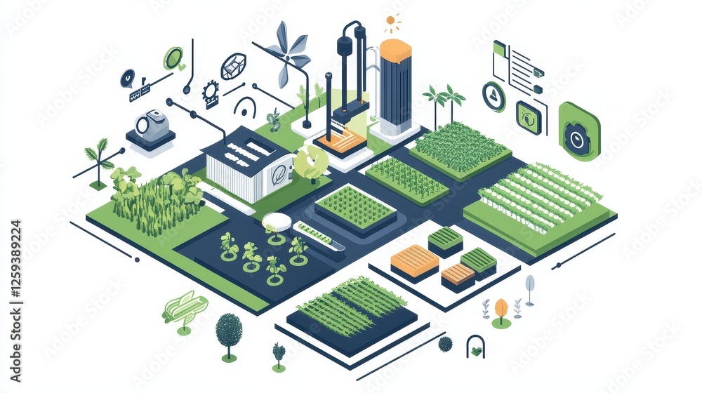 Obraz premium Stylized iconography of agricultural advancements, depicting real-time analytics, digital twin farm modeling, 5G-enabled farm networks, genetic crop enhancement, and vertical farming solutions, arrang