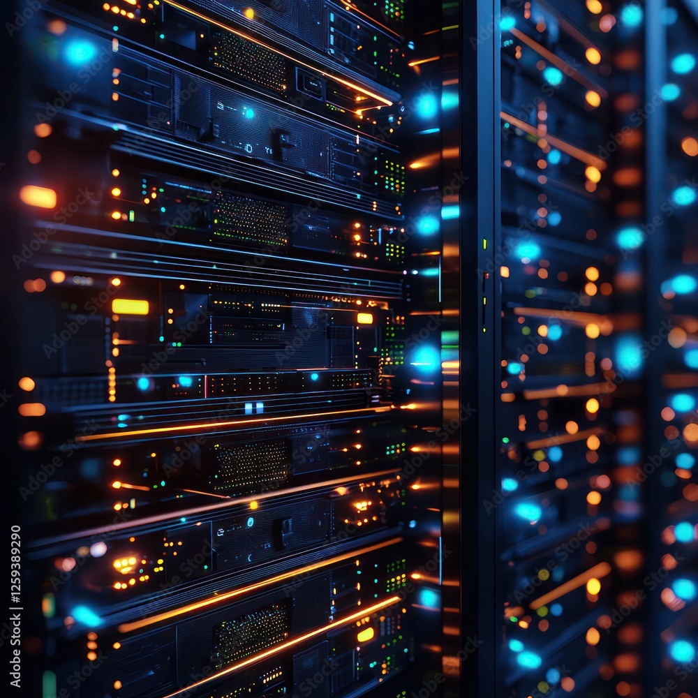 Naklejka premium Glowing data streams shifting dynamically , high-tech activity in a digital hub.
