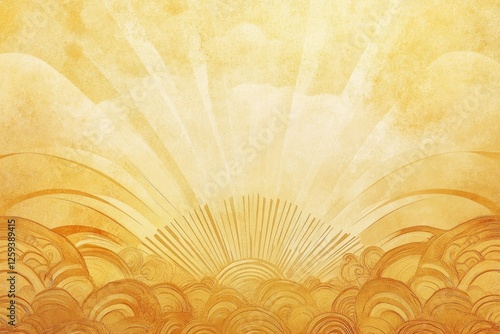 Golden sunrise cloudscape, textured background, art deco style, website header