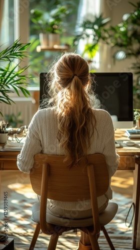 A person sitting at a desk in a sunlit room surrounded by plants, working on a computer.
