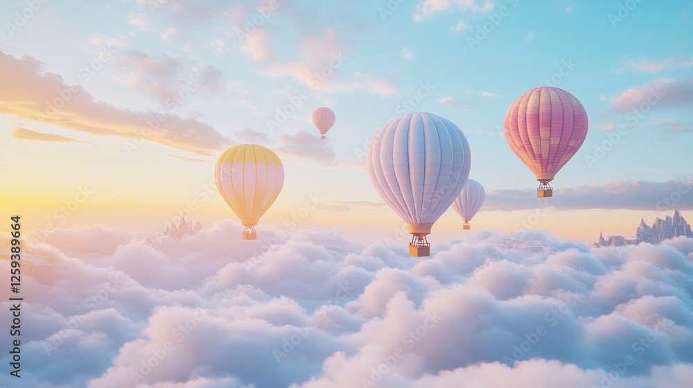 Colorful hot air balloons soar above dreamy cloudscape at sunset; travel, fantasy Colorful hot air balloons soar above dreamy cloudscape at sunset; travel, fantasy