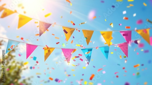 Festive bunting, confetti, outdoor celebration, sunny sky, party backdrop
