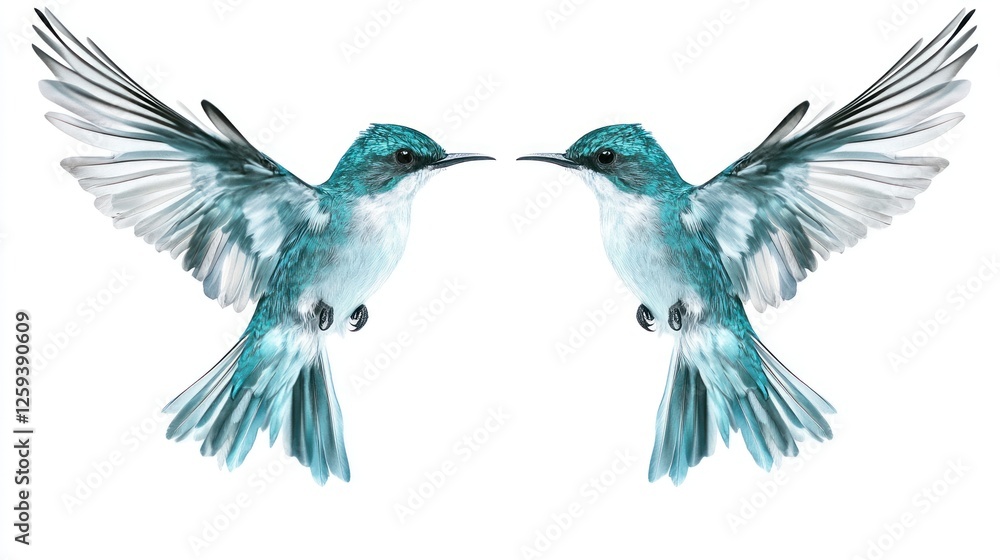 Naklejka premium Two turquoise hummingbirds facing, wings spread, isolated white background, perfect for design