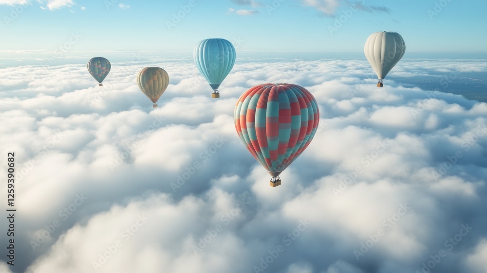 Fototapeta premium Hot air balloons soar above fluffy clouds, aerial view, travel advertisement