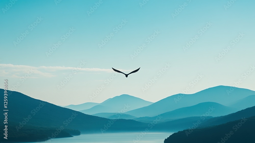Eagle soars over serene mountain lake at dawn; freedom concept Eagle soars over serene mountain lake at dawn; freedom concept