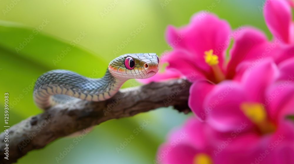Small snake on branch, pink flowers, jungle, wildlife photography Small snake on branch, pink flowers, jungle, wildlife photography