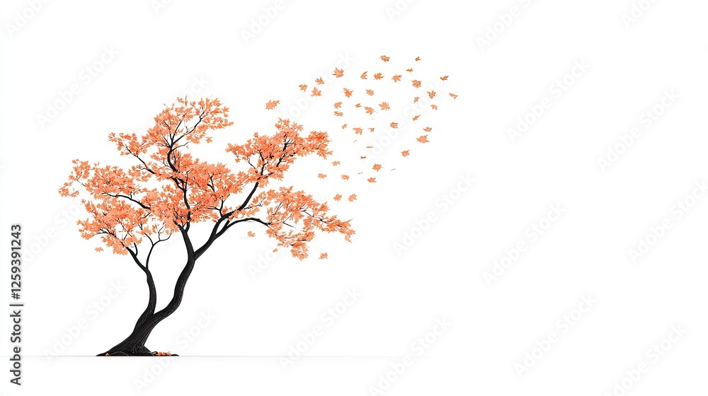 Fototapeta premium A solitary tree with orange leaves shedding in the wind against a white background