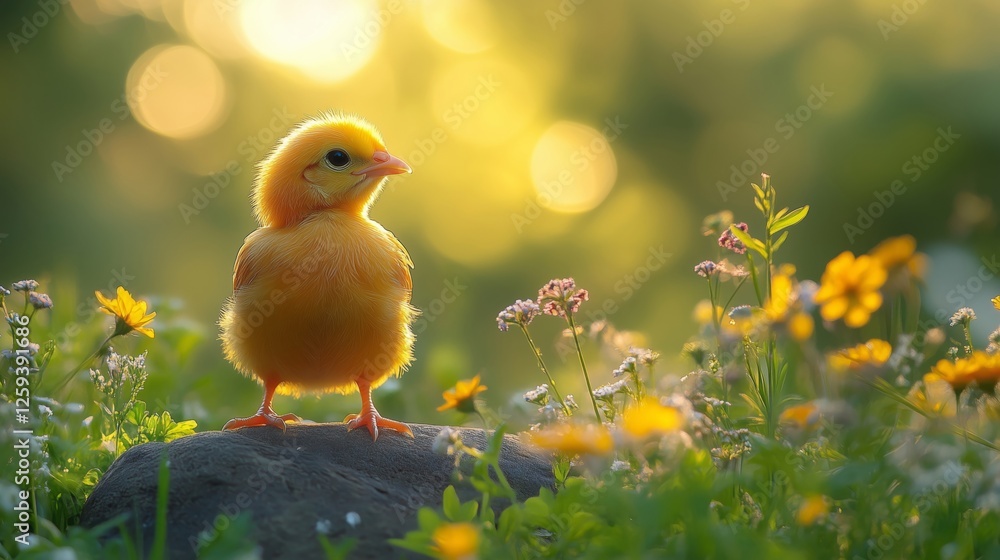 Charming Yellow Chick Amidst a Blooming Flower Garden Charming Yellow Chick Amidst a Blooming Flower Garden