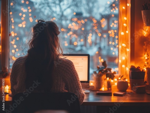 A person working at a desk with warm lights and a winter view outside the window.