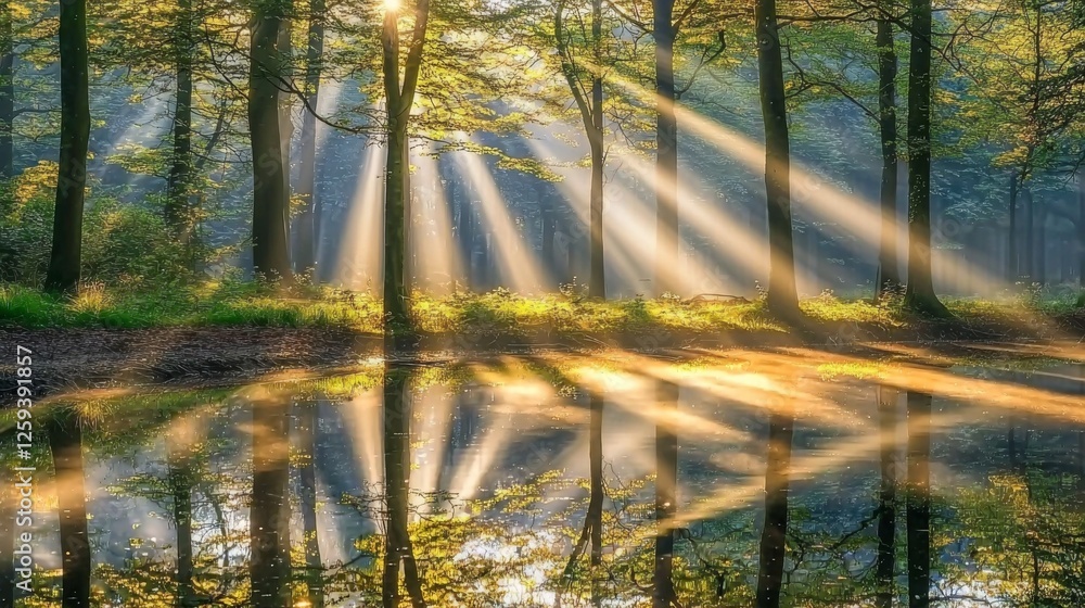 Obraz premium Breathtaking Forest Scene with Sunlight Streaming Through Trees and Reflected in Calm Water