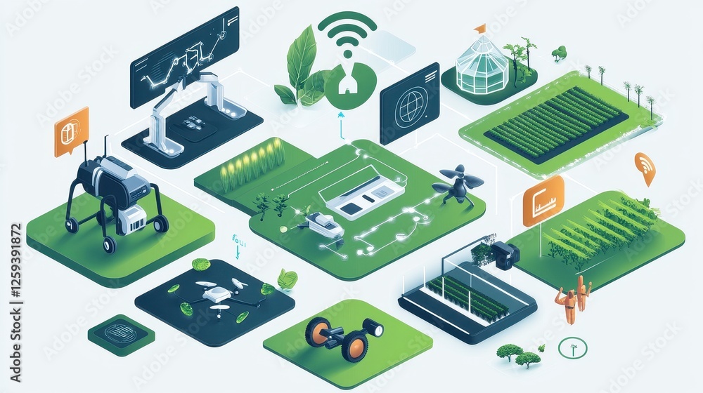 Vector illustration of futuristic agriculture technology icons, showcasing AI-driven crop analysis, satellite monitoring, weather forecasting, smart greenhouses, and blockchain-based supply chain trac Vector illustration of futuristic agriculture technology icons, showcasing AI-driven crop analysis, satellite monitoring, weather forecasting, smart greenhouses, and blockchain-based supply chain trac