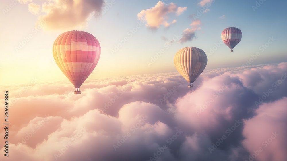 Fototapeta premium Hot air balloons soaring above clouds at sunrise, idyllic travel scene