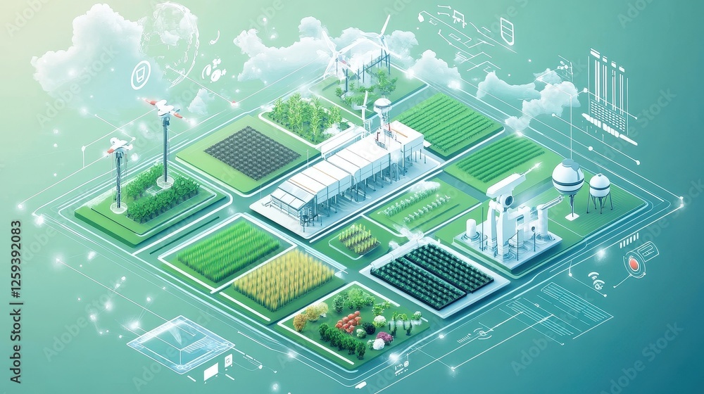 Vector illustration of futuristic agriculture technology icons, showcasing AI-driven crop analysis, satellite monitoring, weather forecasting, smart greenhouses, and blockchain-based supply chain trac Vector illustration of futuristic agriculture technology icons, showcasing AI-driven crop analysis, satellite monitoring, weather forecasting, smart greenhouses, and blockchain-based supply chain trac