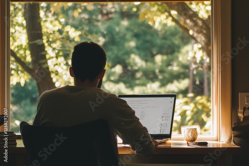 A person working on a laptop by a window with a view of greenery outside.
