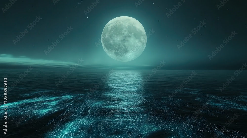 Fototapeta premium magnificent, large moon hovering close to the horizon over the sea, casting a soft, silvery glow. Bioluminescent plankton in the water create an ethereal,