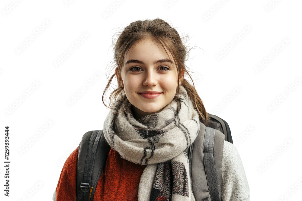 Smiling teenage girl in scarf with backpack isolated on white or transparent, PNG Smiling teenage girl in scarf with backpack isolated on white or transparent, PNG