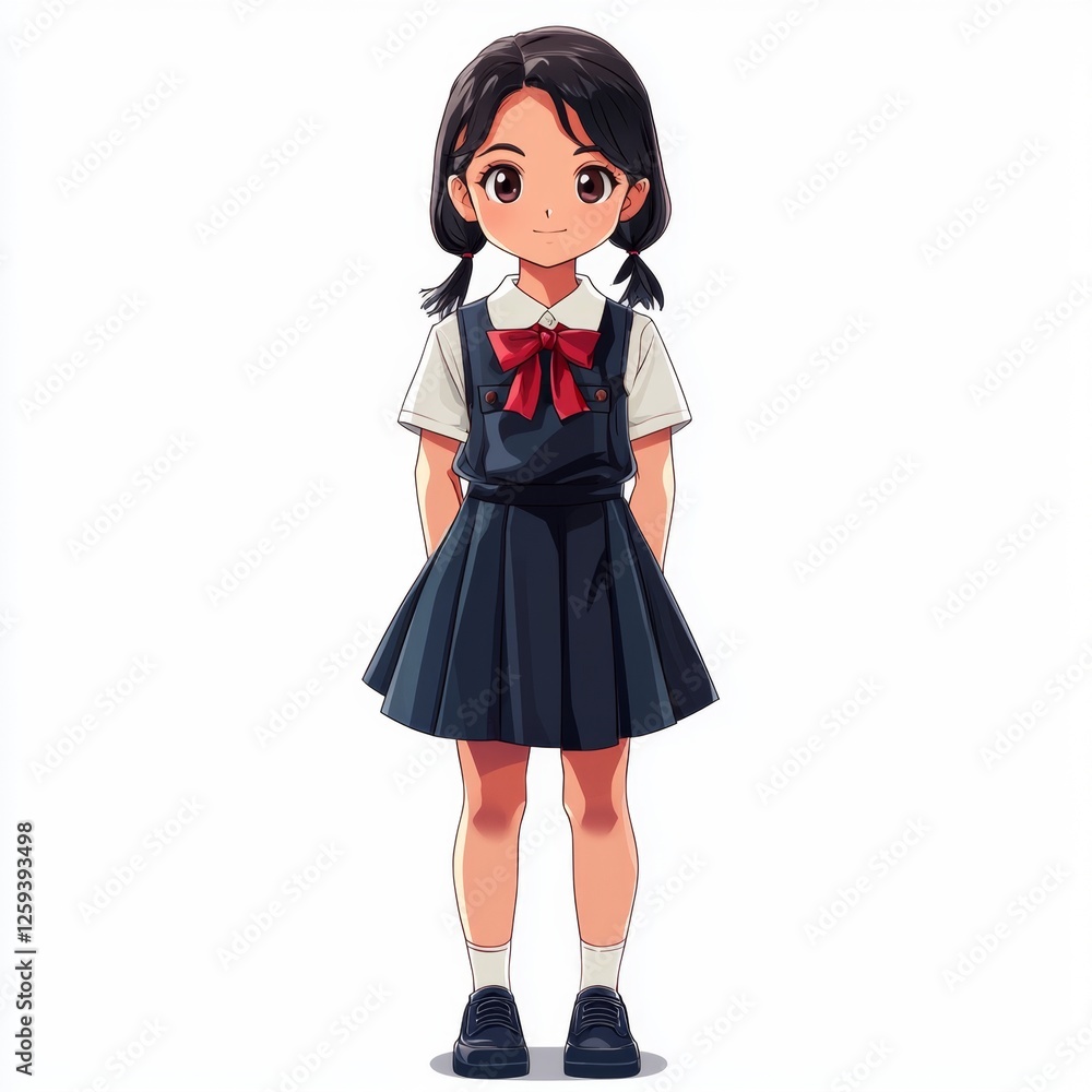 Cute Anime School Girl in Uniform with Black Skirt and Red Bow, Character Illustration for Kids' Materials Cute Anime School Girl in Uniform with Black Skirt and Red Bow, Character Illustration for Kids' Materials