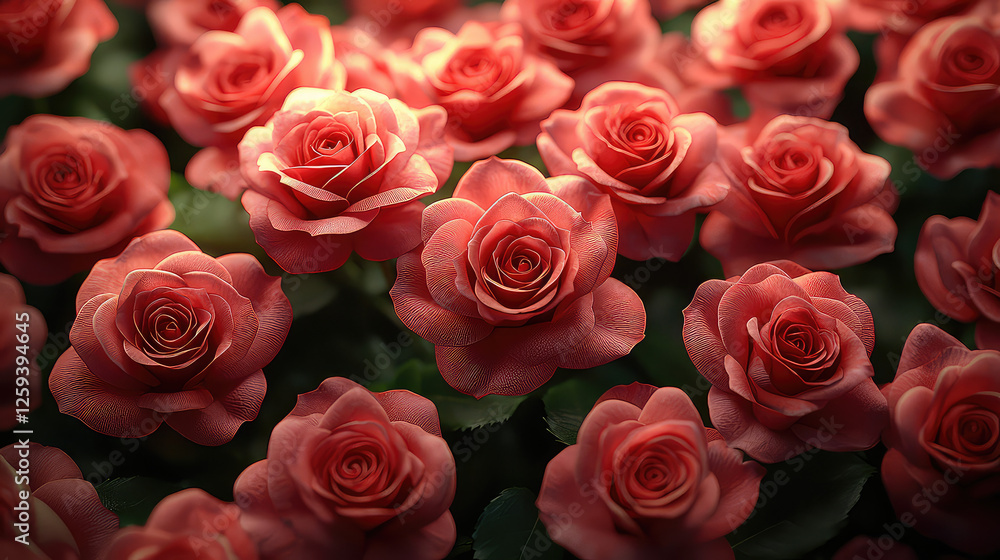 Close-up view of numerous pink roses illuminated, creating a romantic and lush floral background. Close-up view of numerous pink roses illuminated, creating a romantic and lush floral background.