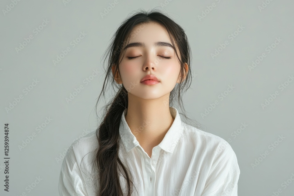 Serene young woman with eyes closed, wearing a white shirt. Ideal for beauty, serenity, or mindfulness concepts. Serene young woman with eyes closed, wearing a white shirt. Ideal for beauty, serenity, or mindfulness concepts.
