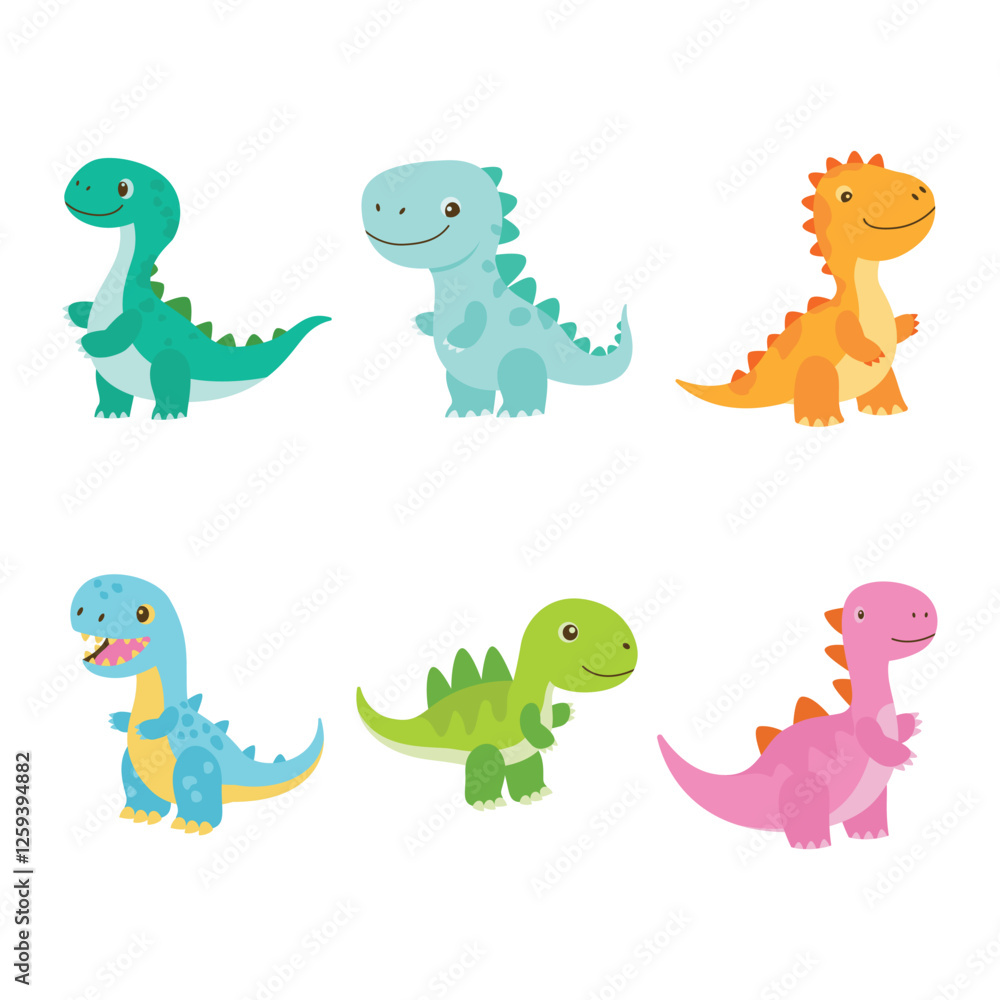 Naklejka premium Set of Happy Cute Baby Dino Dinosaur Animal Cartoon Character