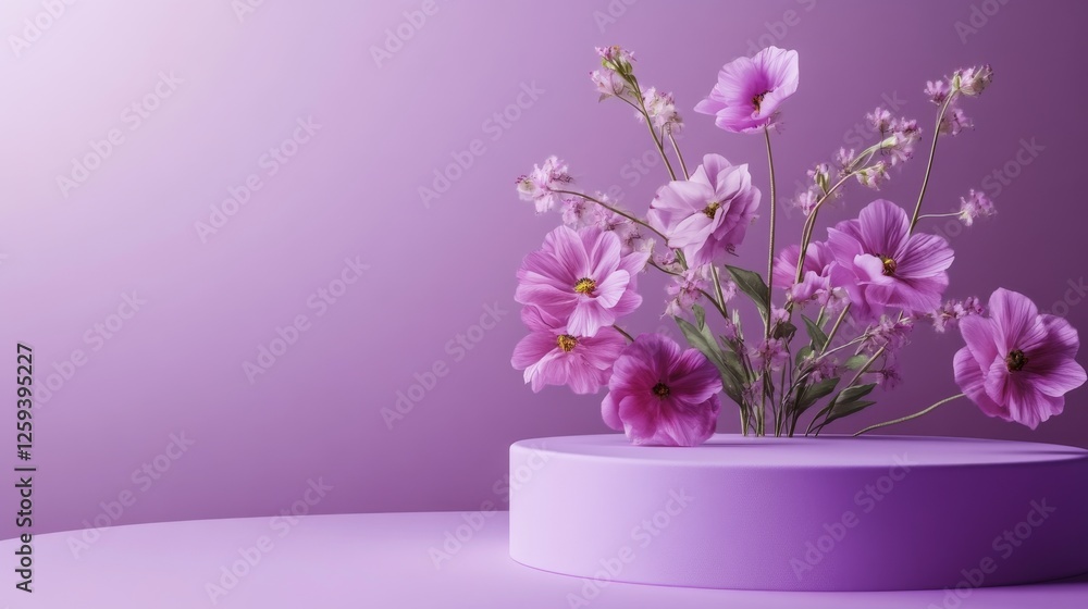 Abstract purple background with a podium and flowers for product presentation Abstract purple background with a podium and flowers for product presentation