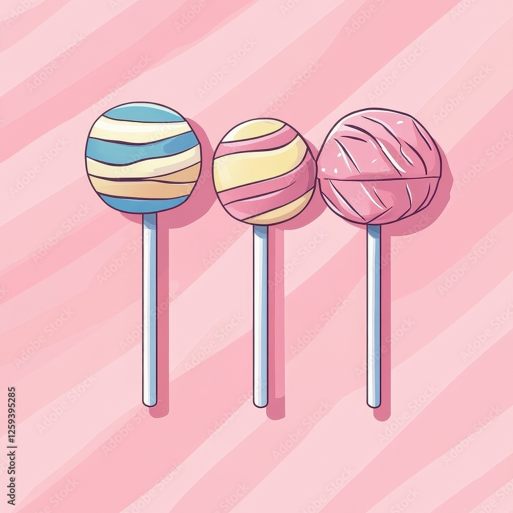 Three colorful cartoon lollipops stand against a pink striped background Three colorful cartoon lollipops stand against a pink striped background