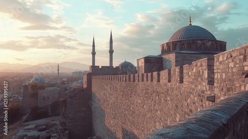 ancient stone walls and detailed windows in Konya, highlighting the elegance of the historical architecture and its connection to the city past