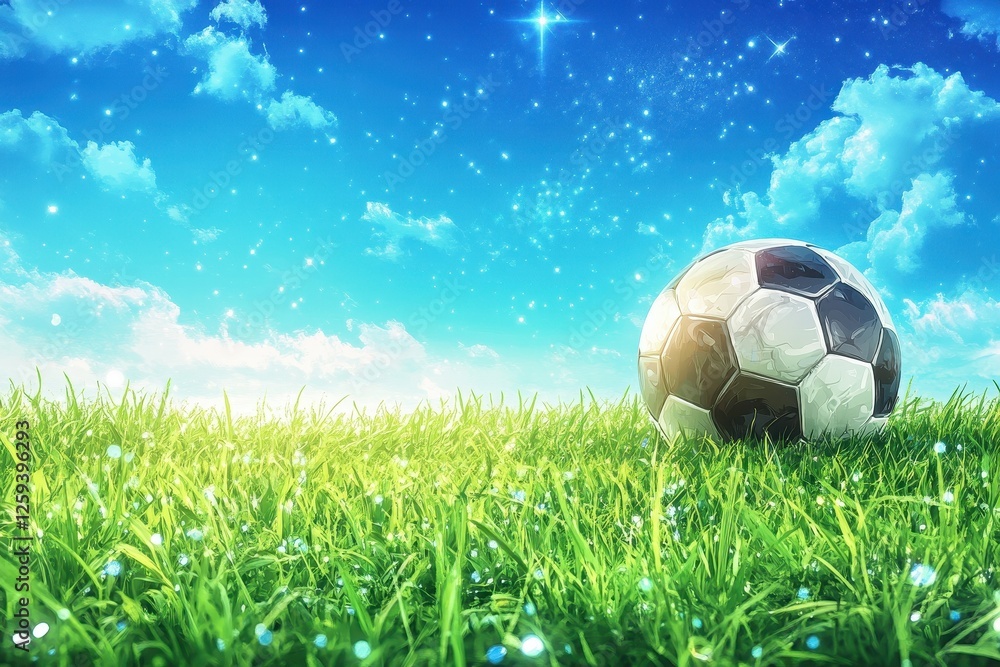 Fototapeta premium A vibrant soccer ball rests peacefully on a lush field