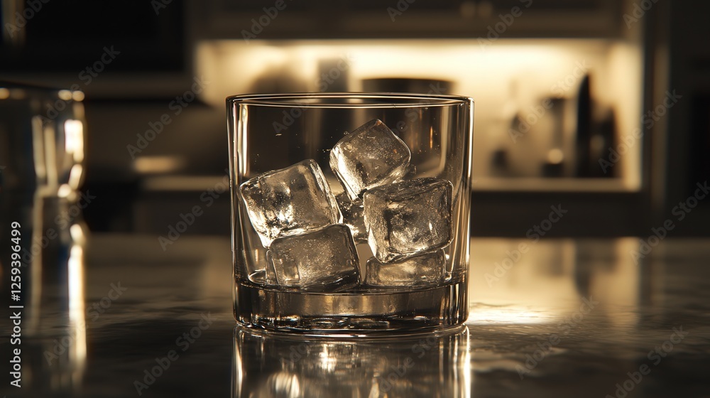 cold storage glass on a countertop with a few ice cubes inside cold storage glass on a countertop with a few ice cubes inside