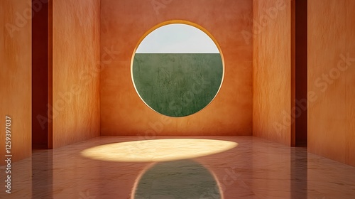 Empty Terracotta Room With Oval Window And Green Landscape