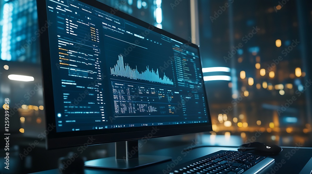 Night City Data Analysis: Illuminated Desktop with Financial Charts Night City Data Analysis: Illuminated Desktop with Financial Charts
