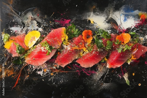 Sliced tuna with herbs, flowers, and citrus on a dark background with colorful paint splatters. Perfect for restaurant menus, food blogs, or articles about gourmet cuisine and fine dining. photo