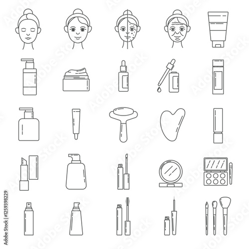 A minimalistic and modern skincare and cosmetics icon set featuring various beauty products and skincare tools.