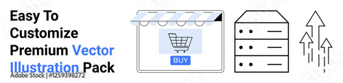 Storefront with cart icon and buy button, server stack, and upward arrows symbolizing e-commerce, hosting, technology, business growth. Ideal for marketing, retail, tech startups data management