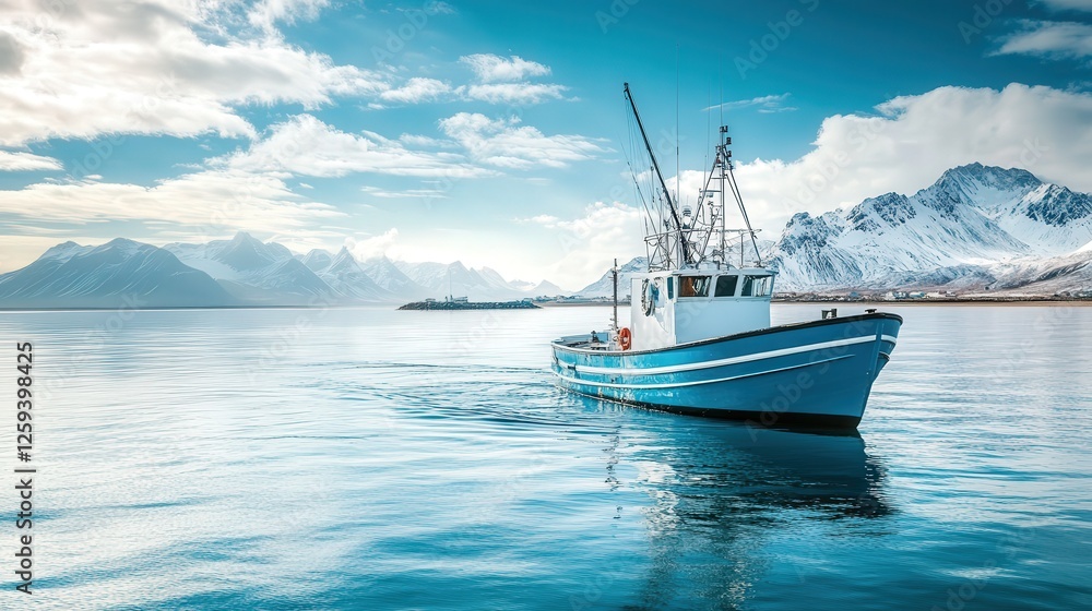 fishing boat on the smooth surface of a blue sea, with mountains in the background, evoking a sense of serenity and peace. fishing boat on the smooth surface of a blue sea, with mountains in the background, evoking a sense of serenity and peace.