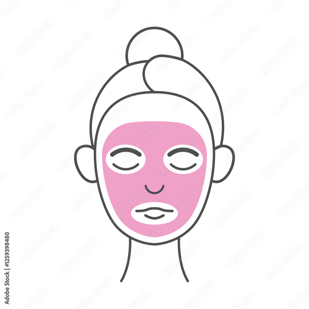 Minimalist skincare illustration of a woman wearing a pink facial mask. This vector icon represents self-care, beauty treatments, and skincare routines. Minimalist skincare illustration of a woman wearing a pink facial mask. This vector icon represents self-care, beauty treatments, and skincare routines.