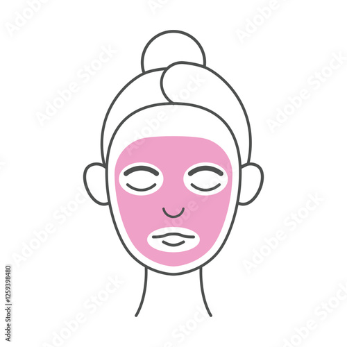 Minimalist skincare illustration of a woman wearing a pink facial mask. This vector icon represents self-care, beauty treatments, and skincare routines.