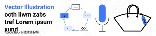 Workflow diagram with arrows linking tasks, blue microphone icon, and handbag with price tag. Ideal for business, communication, retail, technology, fashion, presentations e-commerce minimalist
