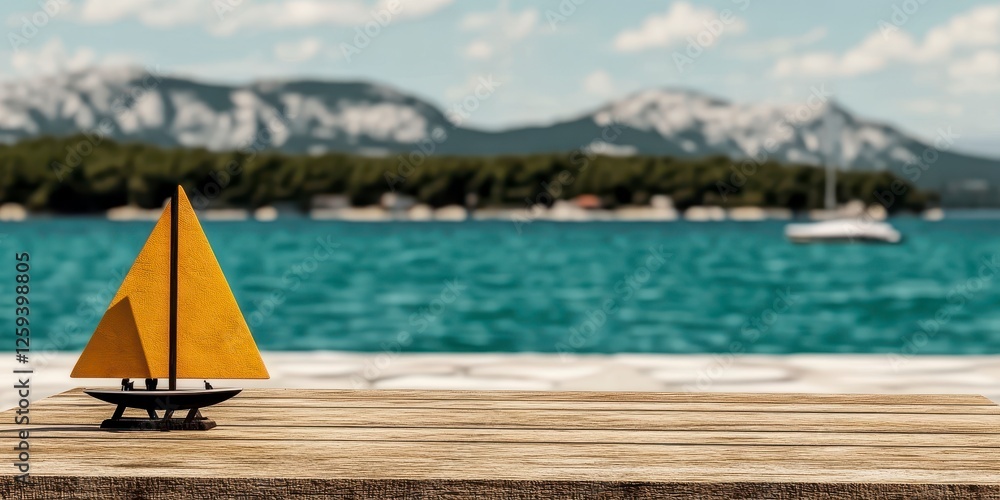 Obraz premium Miniature sailboat on wooden table with blurred water background