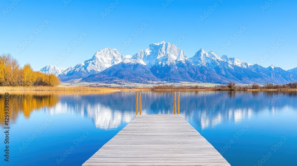 Serene lakeside view with wooden dock leading to majestic mountains under clear blue sky Serene lakeside view with wooden dock leading to majestic mountains under clear blue sky