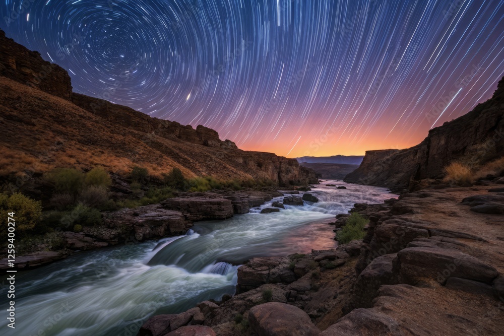 Naklejka premium Long Exposure Photography: Deliberate River Flow, Night Sky, Star Trails