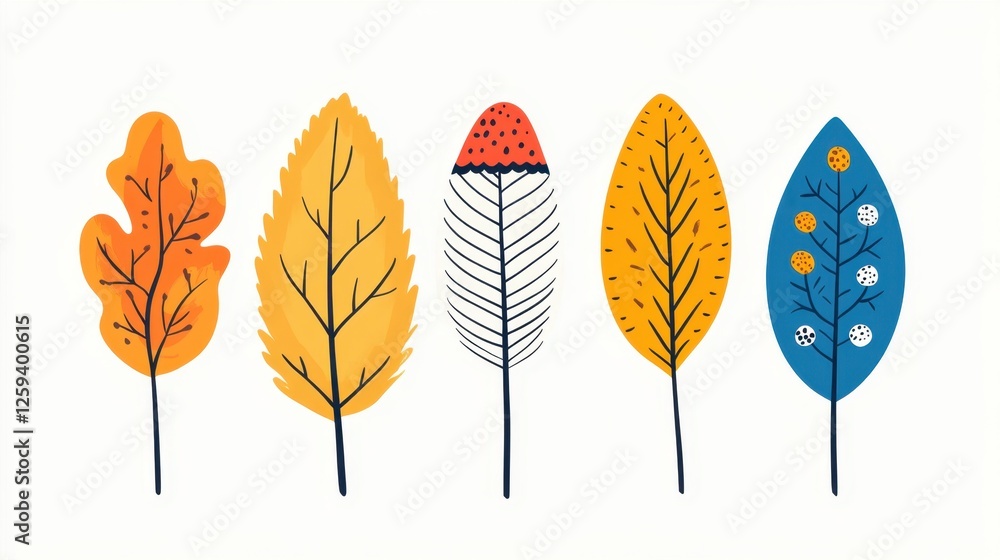 Fototapeta premium A collection of illustrated leaves in various shapes and colors.