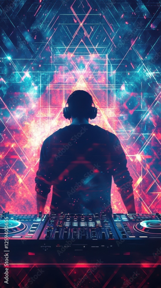 Fototapeta premium A silhouette of a dj with glowing abstract background