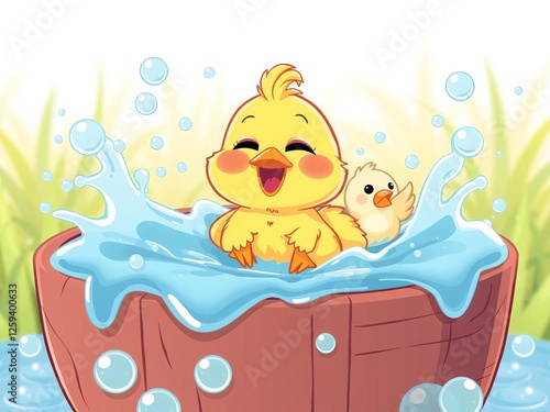 Cartoon chick happily bathing in a wooden bucket, surrounded by bubbles and water splashes, chick, animal, water splashes photo