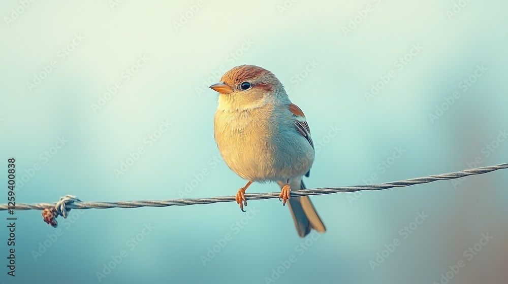 A small, fluffy bird perched on a wire against a soft, blurred background at dawn A small, fluffy bird perched on a wire against a soft, blurred background at dawn
