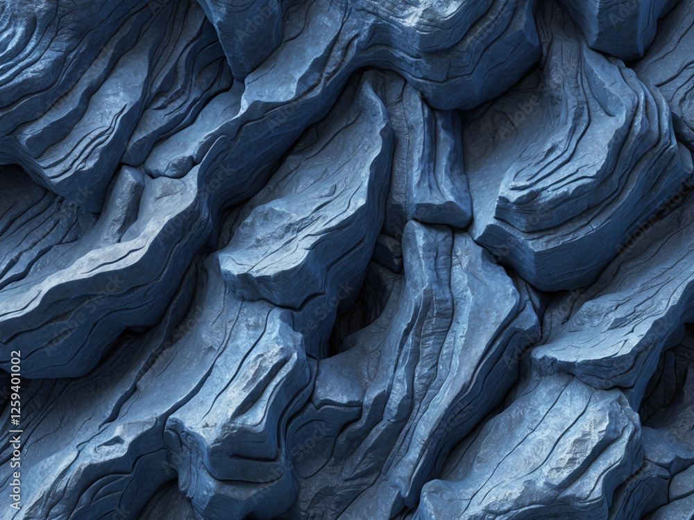 Fototapeta premium A hyperrealistic close-up of layered rock formations in deep blue tones, showcasing intricate textures and natural cracks.