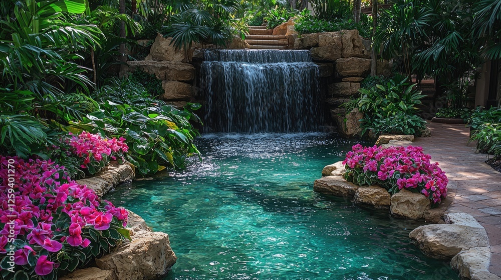 Naklejka premium Serene indoor garden featuring a tranquil waterfall surrounded by vibrant flowers and lush greenery
