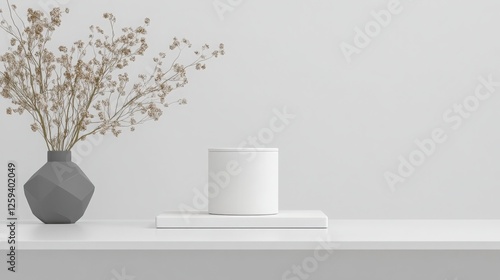 Wallpaper Mural A minimalist scene featuring a gray geometric vase with dried flowers and a white cylindrical container on a white surface. Clean, simple, and serene. Torontodigital.ca