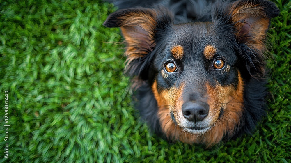 Dog with black nose sitting on grass looking curiously at the camera on a sunny day outside